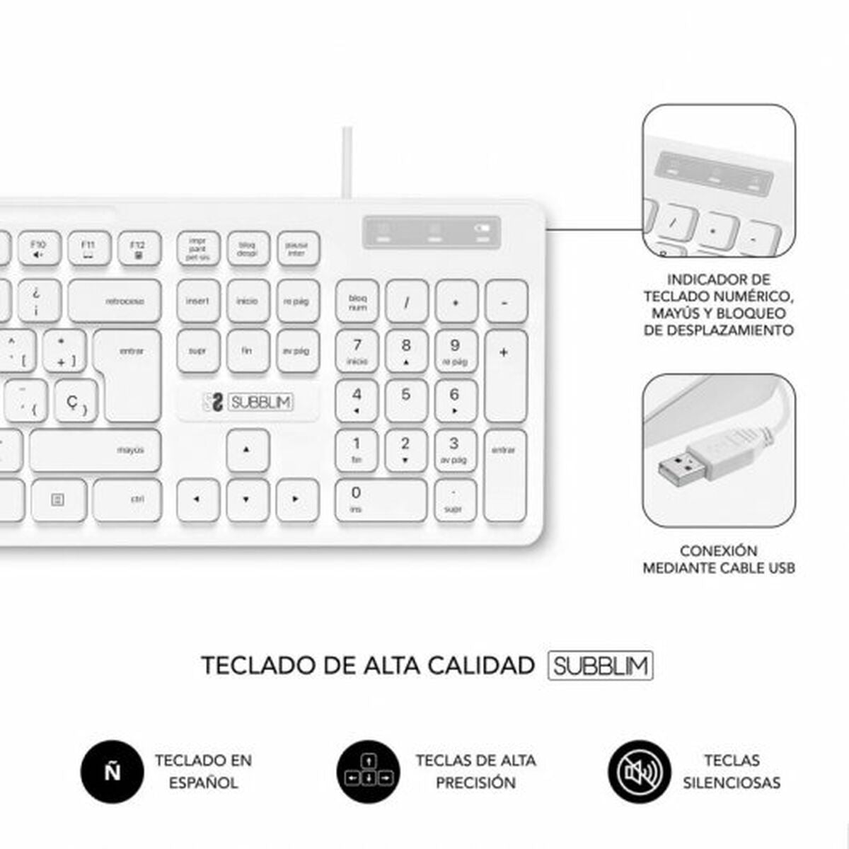 Keyboard Subblim SUBKBC-0SSK51 White Spanish Qwerty